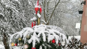 Uma árvore de Natal coberta de neve com enfeites.