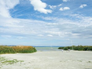 Een strand met een zandstrand, een grasveld en een waterlichaam in de verte.