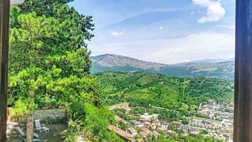 Vista dalla finestra su una città, con una montagna sullo sfondo, un giardino con un albero e delle sedie, e un muro in pietra.