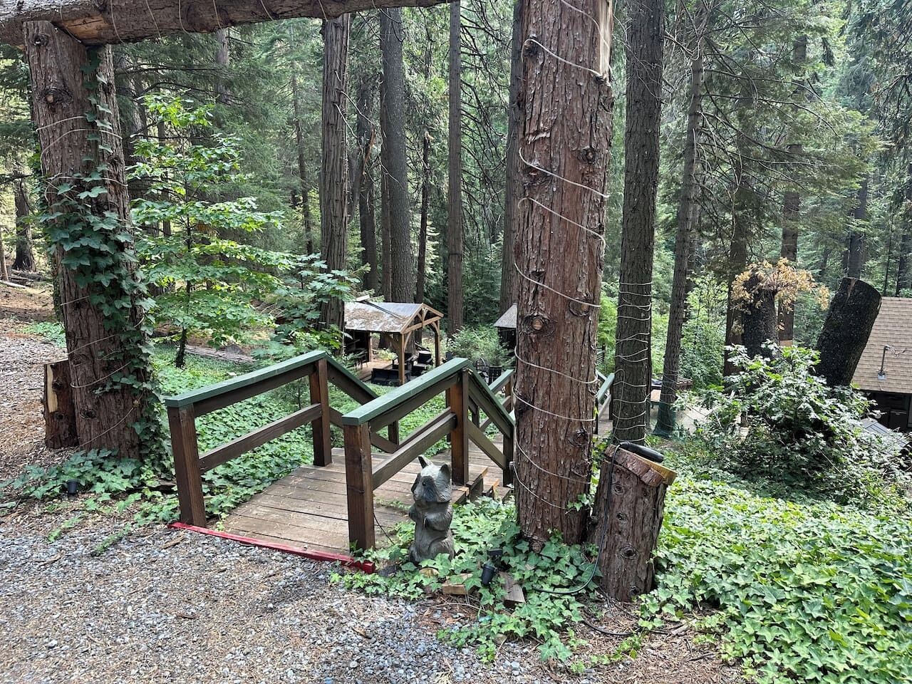 Une terrasse en bois dotée d’une rambarde, entourée d’arbres et de verdure.