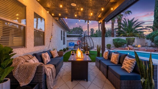 Une terrasse extérieure avec un foyer, des sièges et une piscine.
