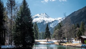 Ein klarer See mit Spiegelungen, umgeben von Bäumen und einem Berg im Hintergrund.