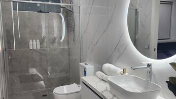 Shower, hair dryer, towels, soap