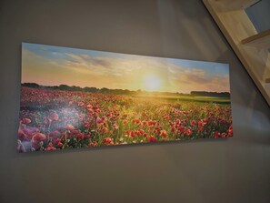 Ein weiter Blick auf ein Feld bei Sonnenuntergang.