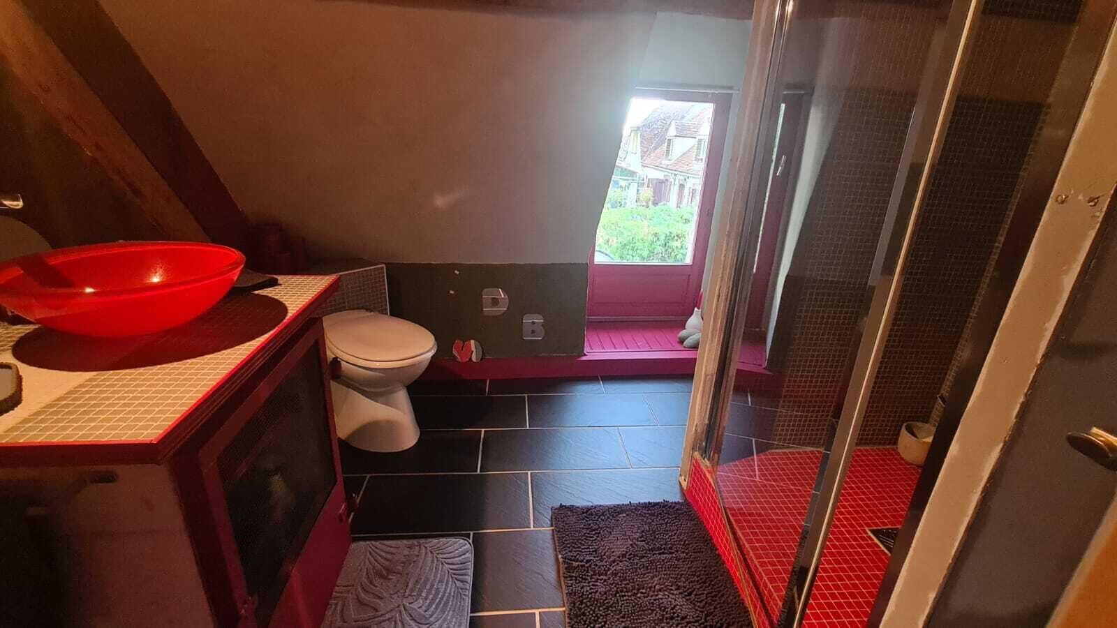 Casa de banho compacta com sanita, lavatório vermelho e zona de duche.