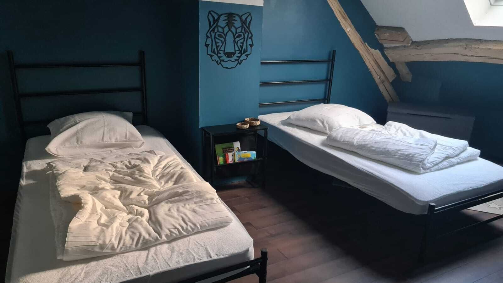 Two single beds with white linens in a room with blue walls and a tiger mural.