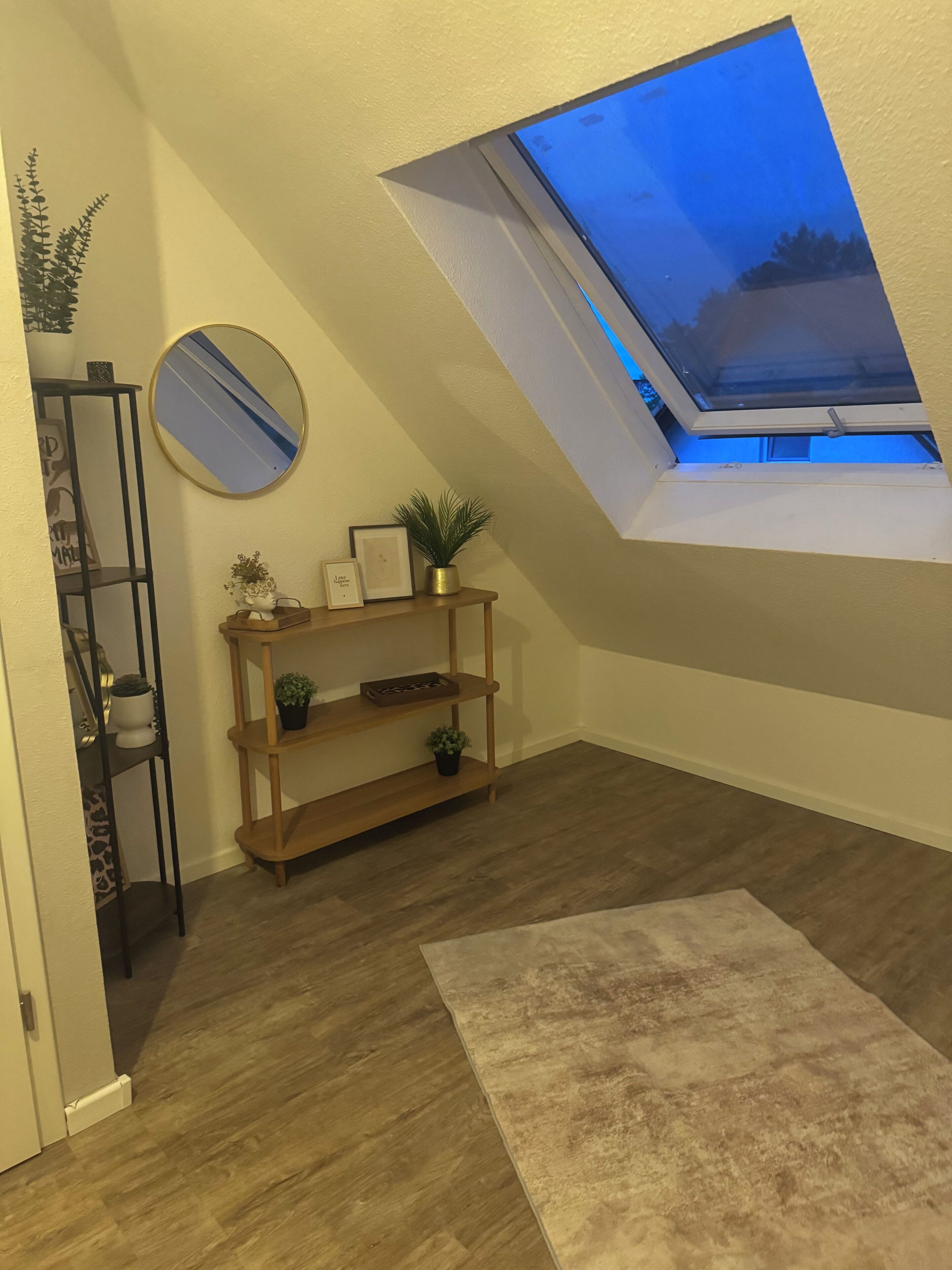 Ein Zimmer mit Oberlicht, Holzregalen, einem Spiegel und einem Teppich.