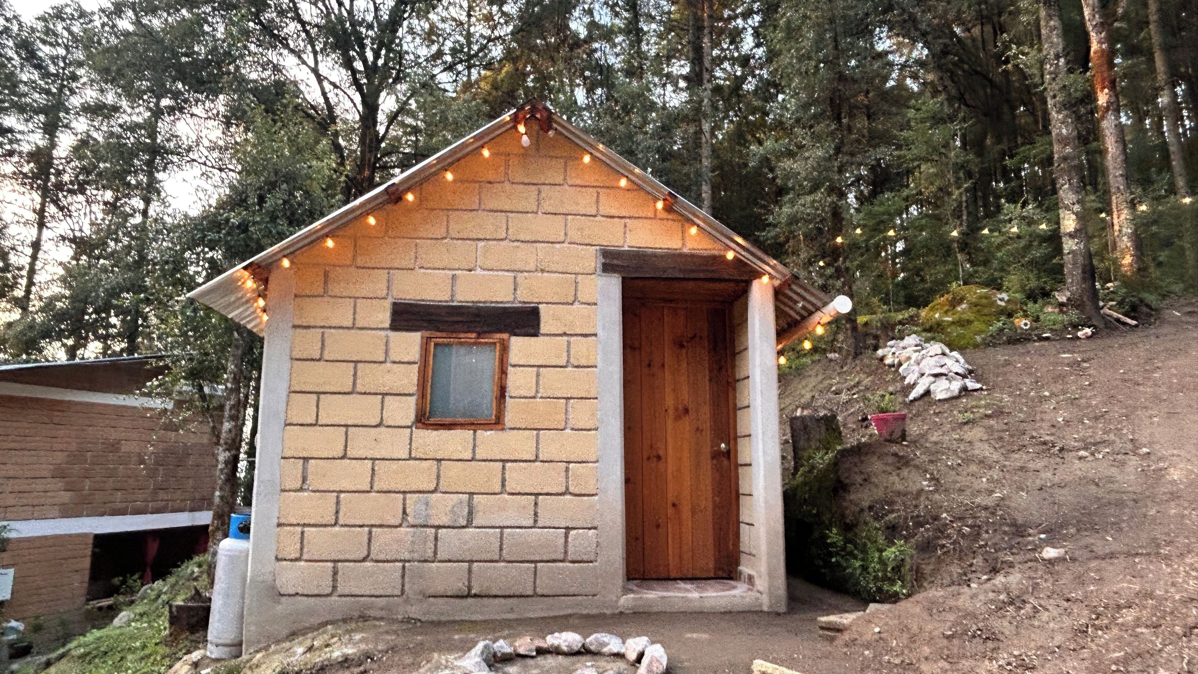 Una pequeña cabaña de madera con revestimiento de ladrillo, una puerta de madera y un ventanal.