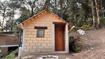 Una pequeña cabaña de madera con revestimiento de ladrillo, una puerta de madera y un ventanal.