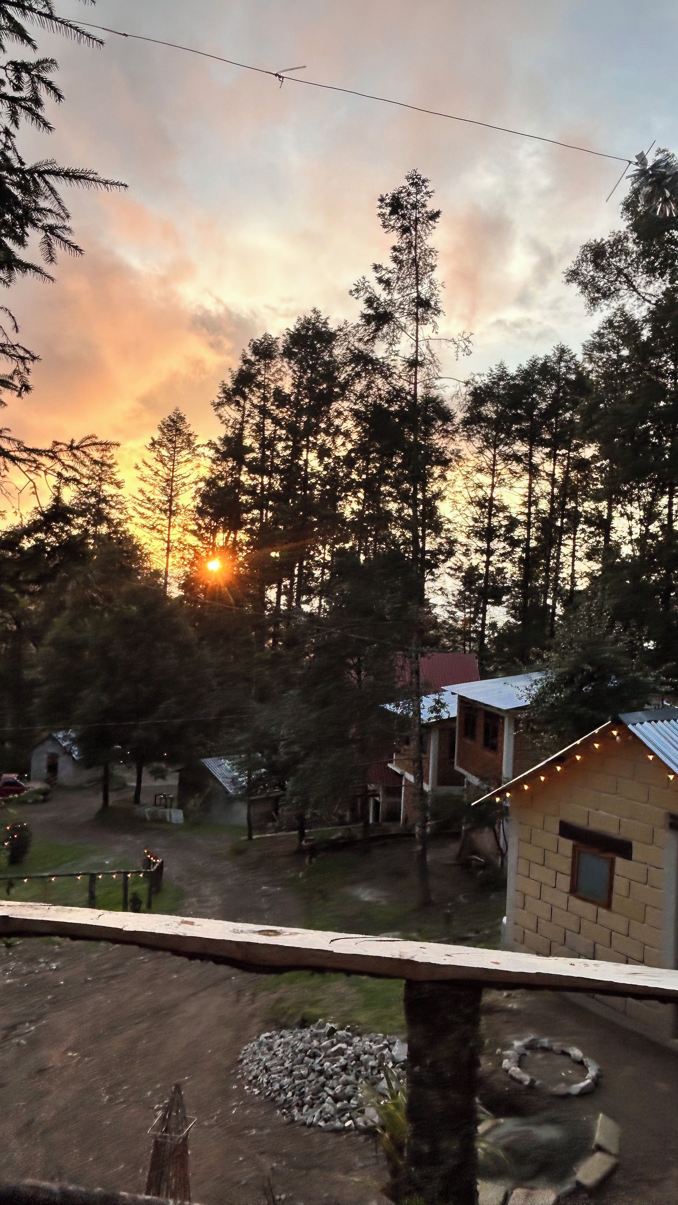 Un barrio residencial con casas, árboles y un atardecer.