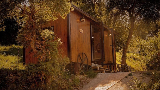 A wooden cabin with a wooden door and a window, surrounded by trees and a gravel path.