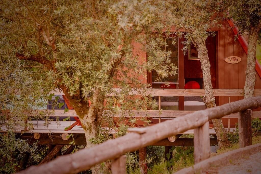 Una estructura de madera con una puerta roja, rodeada de follaje.