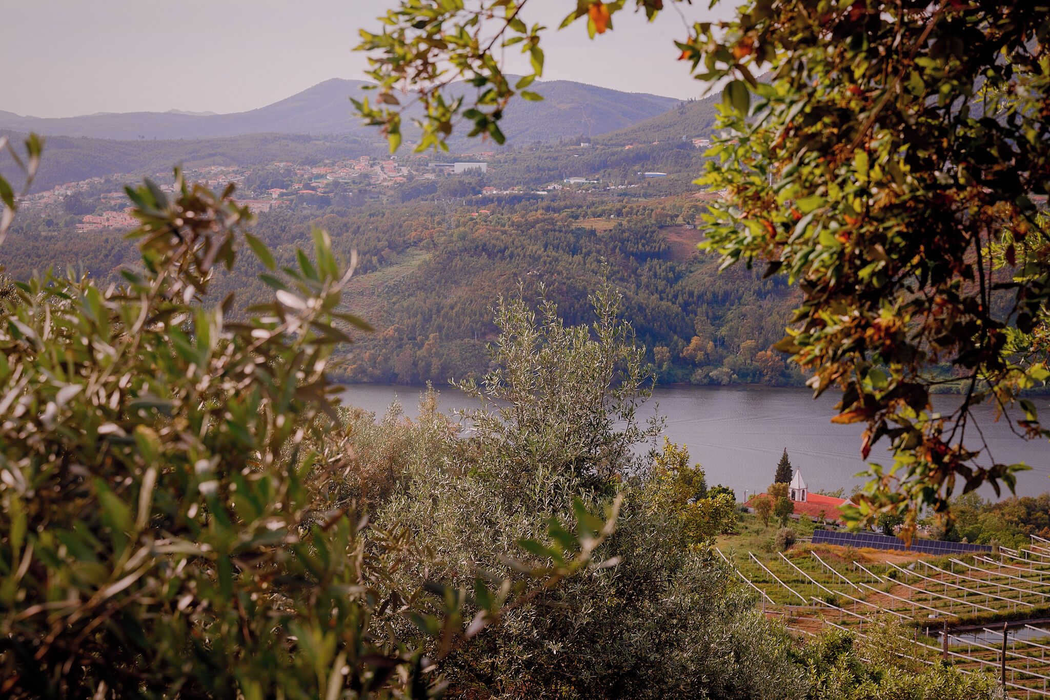 A landscape view with a lake, hills, and a building with a red roof.
