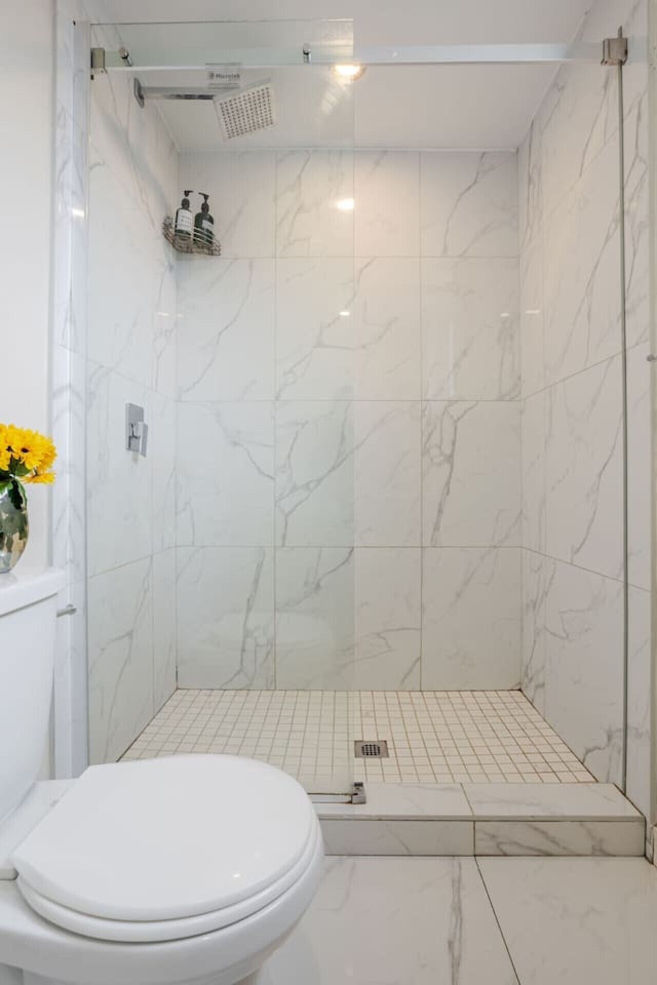 A bathroom with a white toilet, a shower with a glass door, and a marble floor.
