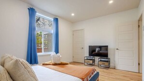 A bedroom with a bed, a TV, a window with curtains, and a door.