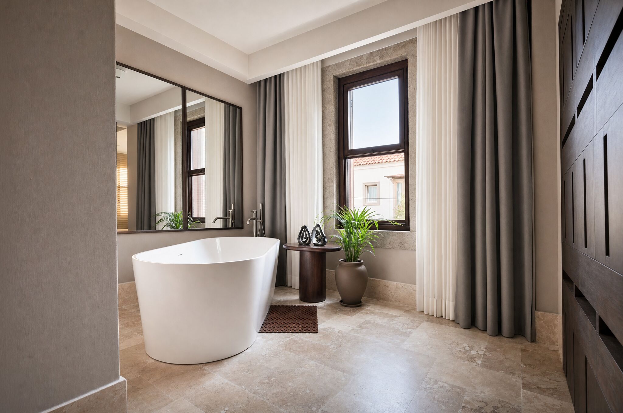 A modern bathroom with a large bathtub, a mirror, a potted plant, and a window with curtains.