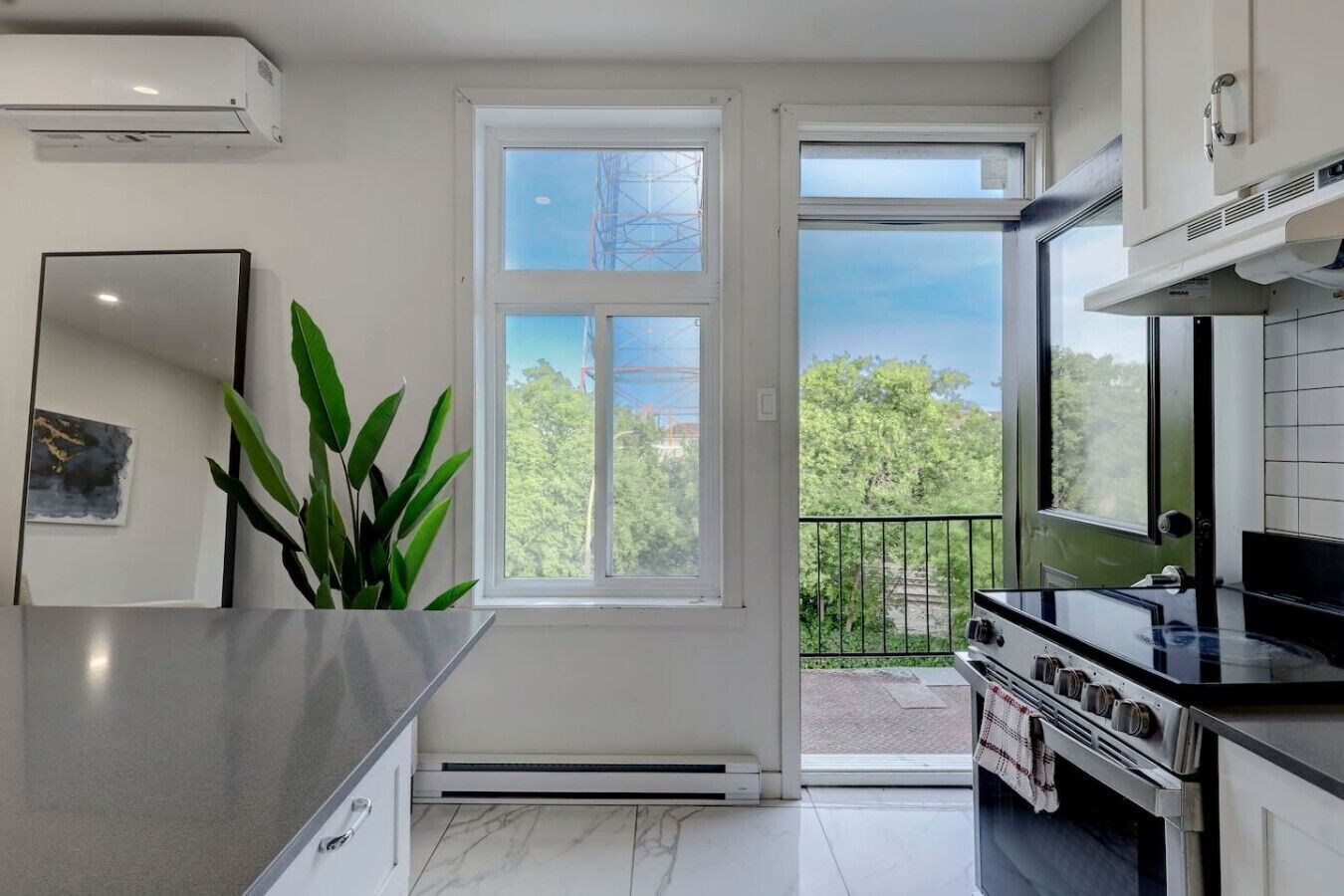 Une cuisine moderne avec une grande fenêtre, une cuisinière et une plante.