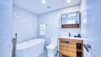 Shower, towels, soap, toilet paper