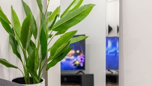 A room with a large mirror reflecting a television and a plant. - Beautiful Stay in MTL (Montreal)