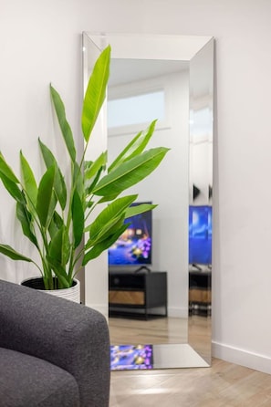 Quarto com um espelho grande que reflete uma televisão e uma planta.