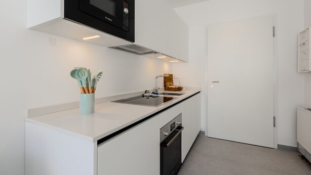 A modern kitchen with a Bosch microwave, a sink, and a dishwasher. - {Suite 610} Gym, Business Room, Modern, Relax (Lugano)