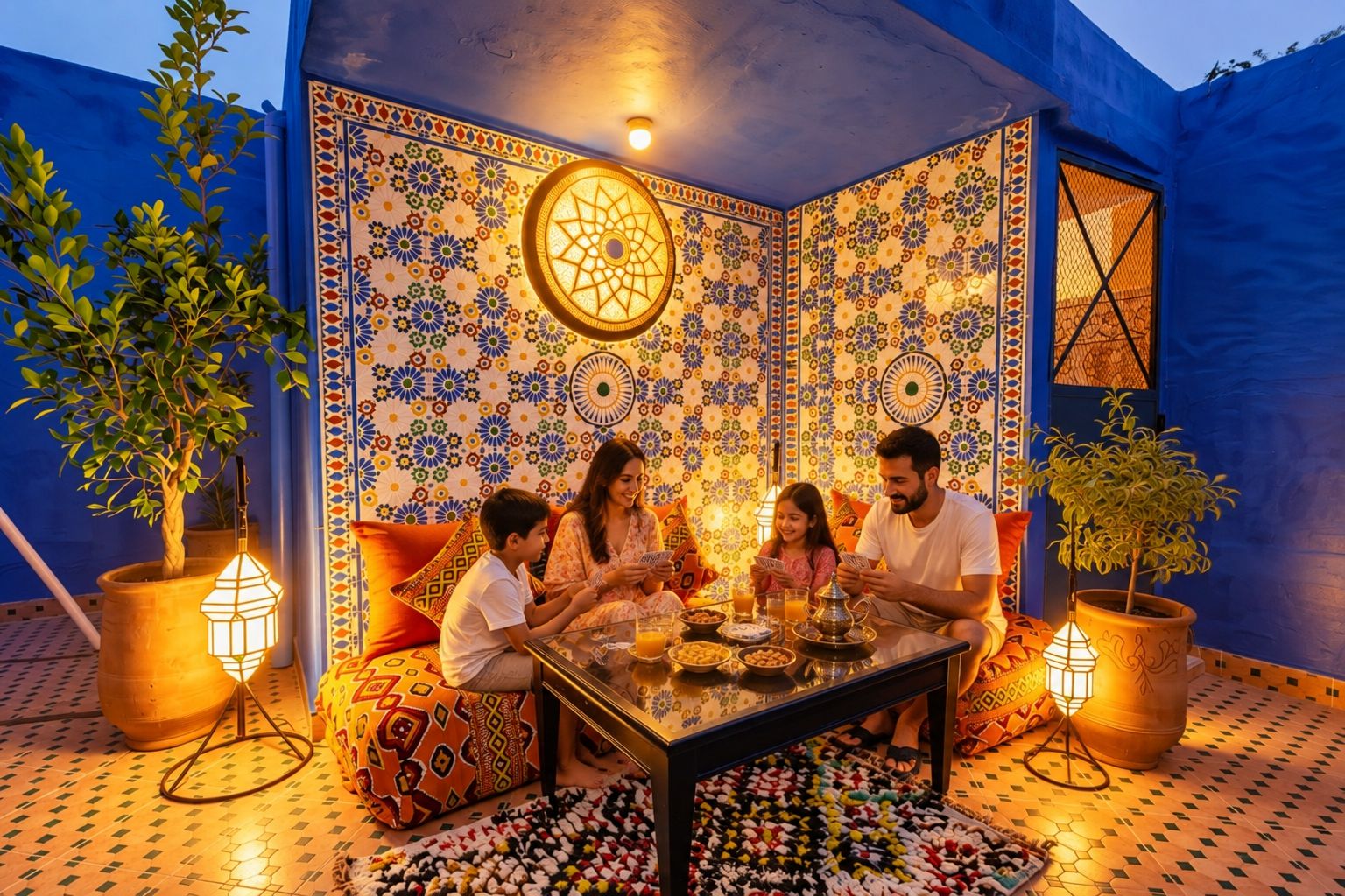 Une pièce avec un mur orné de motifs, une table avec un set de table et des plantes en pot.