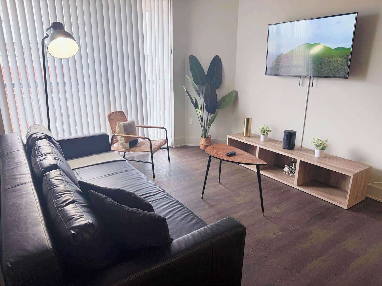 Una sala moderna con un sofá de cuero, una mesa de centro de madera, una silla de mimbre, una planta grande en maceta, un televisor en la pared y un mueble bajo para la televisión de madera.