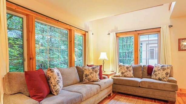 Ein Wohnzimmer mit zwei Sofas, einer Lampe und großen Fenstern mit Blick auf Bäume.
