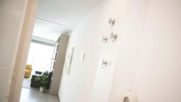 Un couloir avec un mur blanc, une porte dotée d’une poignée et une petite plante.