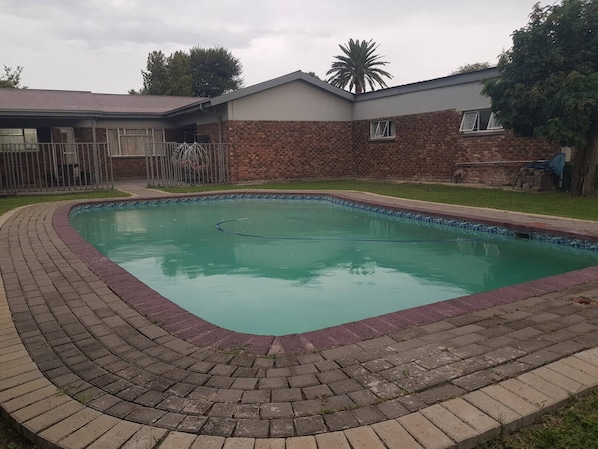 Una piscina rectangular con borde de ladrillo, una casa de fachada de ladrillo y una palmera al fondo.