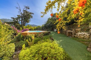 A garden with a pool, stone walls, and a variety of plants. - Villa with ocean views, large garden, close to the harbor, downtown, and the beach (Rapallo)