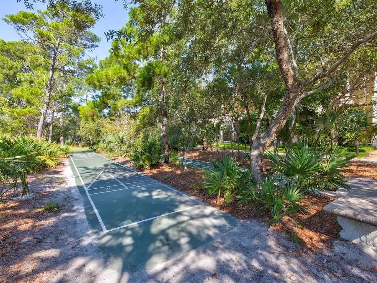 A green outdoor shuffleboard court surrounded by trees and plants.