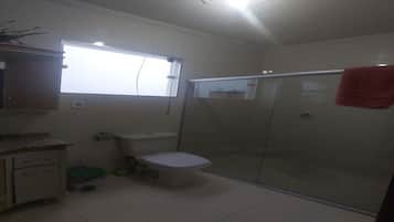 Shower, towels, toilet paper