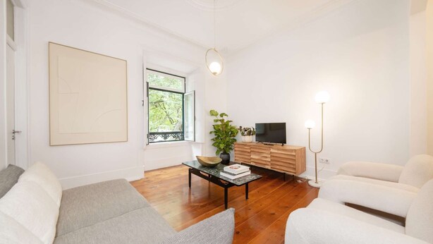 A living room with a sofa, a coffee table, a TV, and a plant. - Cheese&Wine™ | Amoreiras Garden 3 (Lisbon)