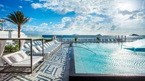 A rooftop infinity pool with lounge chairs and a palm tree, overlooking the ocean.