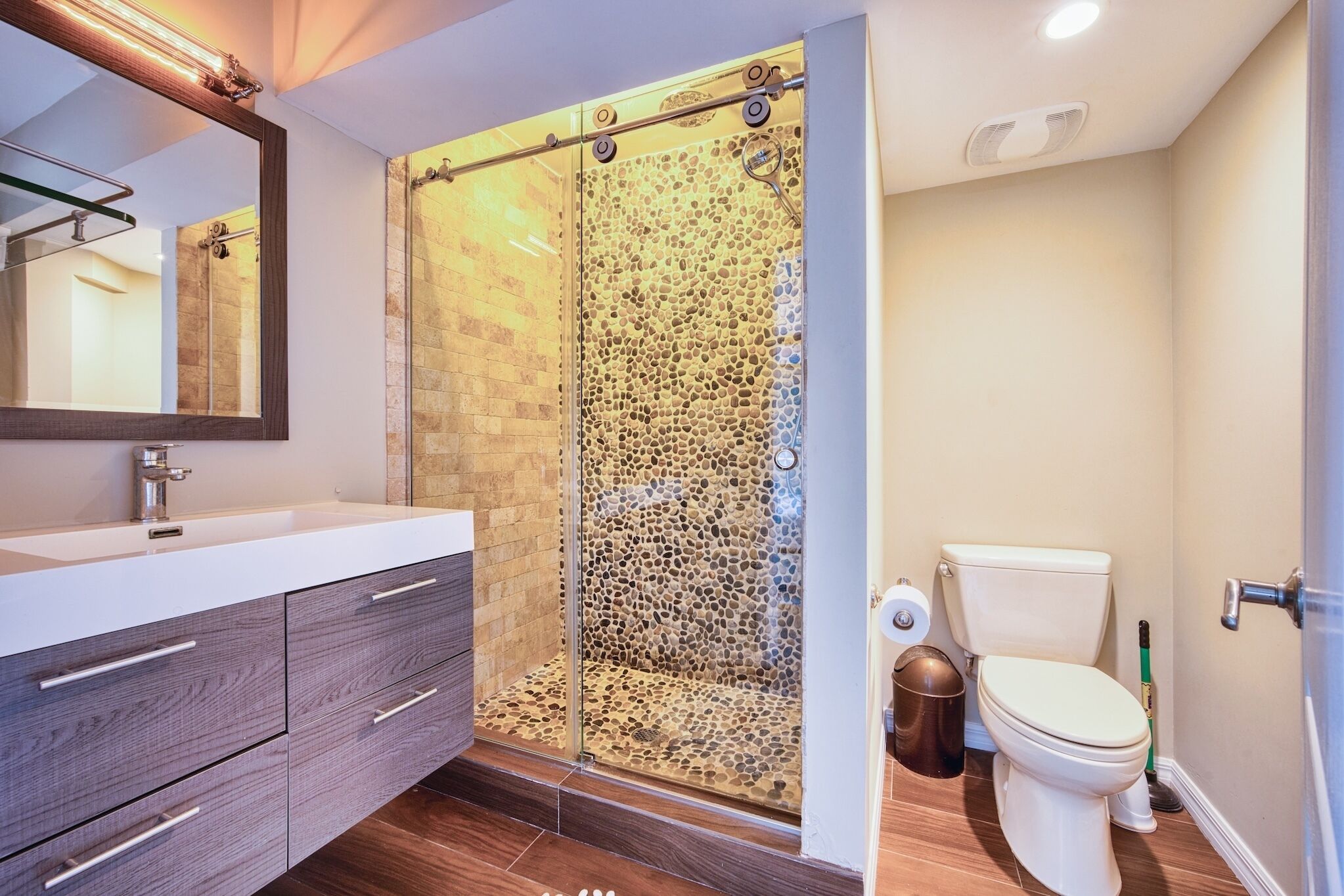 Shower, towels, soap, toilet paper