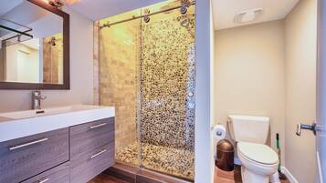 Shower, towels, soap, toilet paper