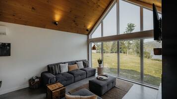 A modern living room with a large window, a sofa, ottoman, and a wooden ceiling.