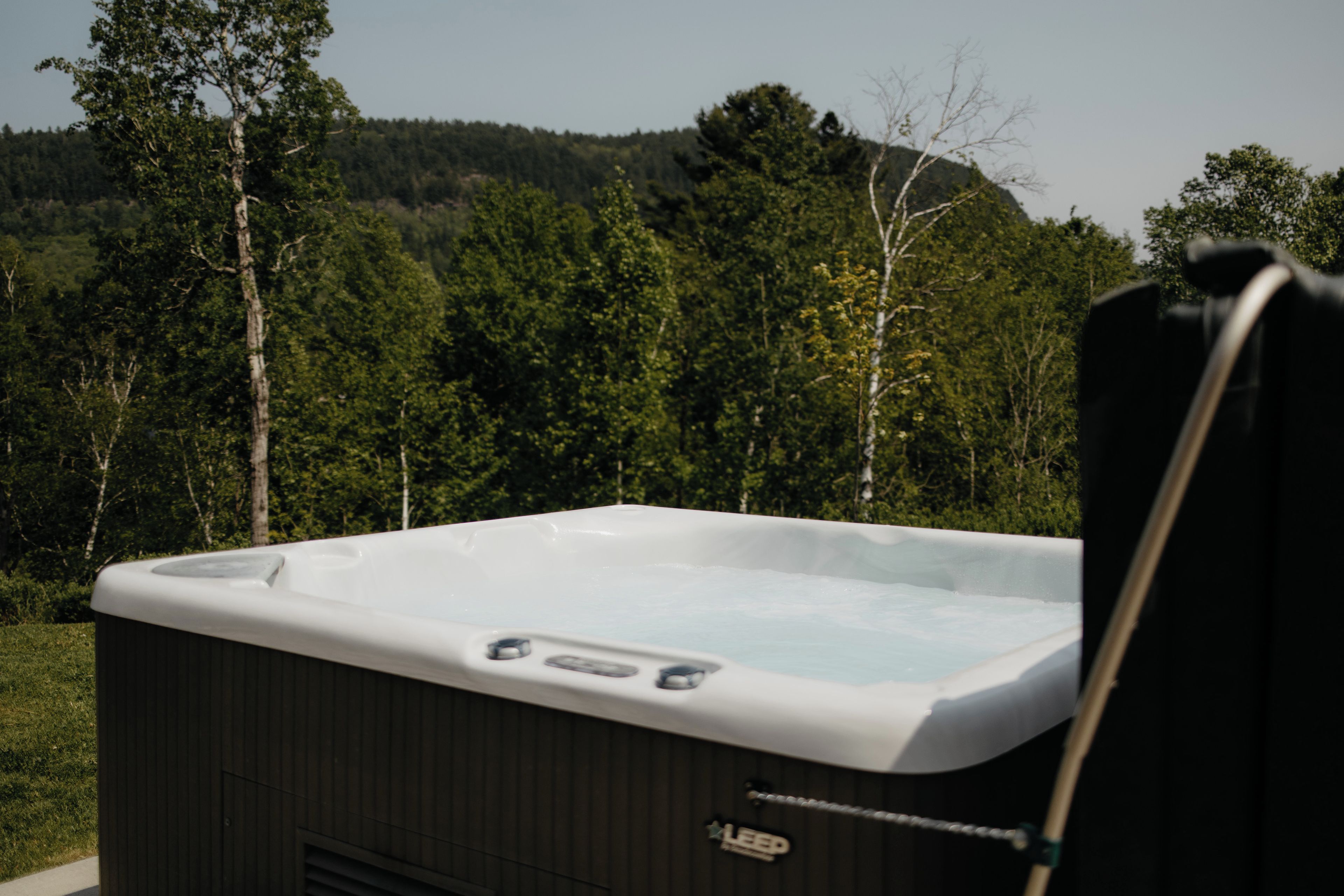 Un jacuzzi con vistas a una ladera boscosa.