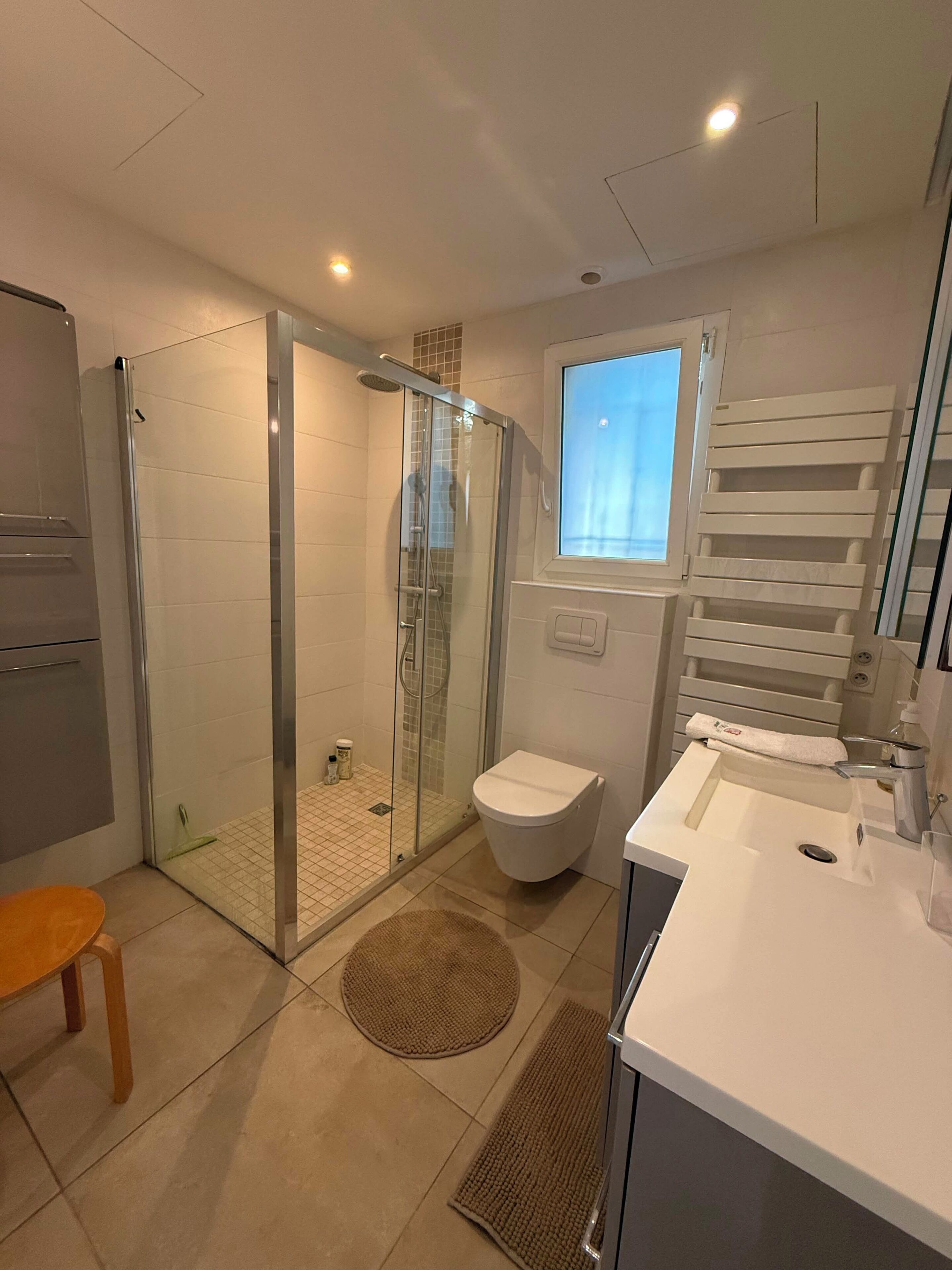 Shower, towels, soap, toilet paper