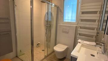 Shower, towels, soap, toilet paper