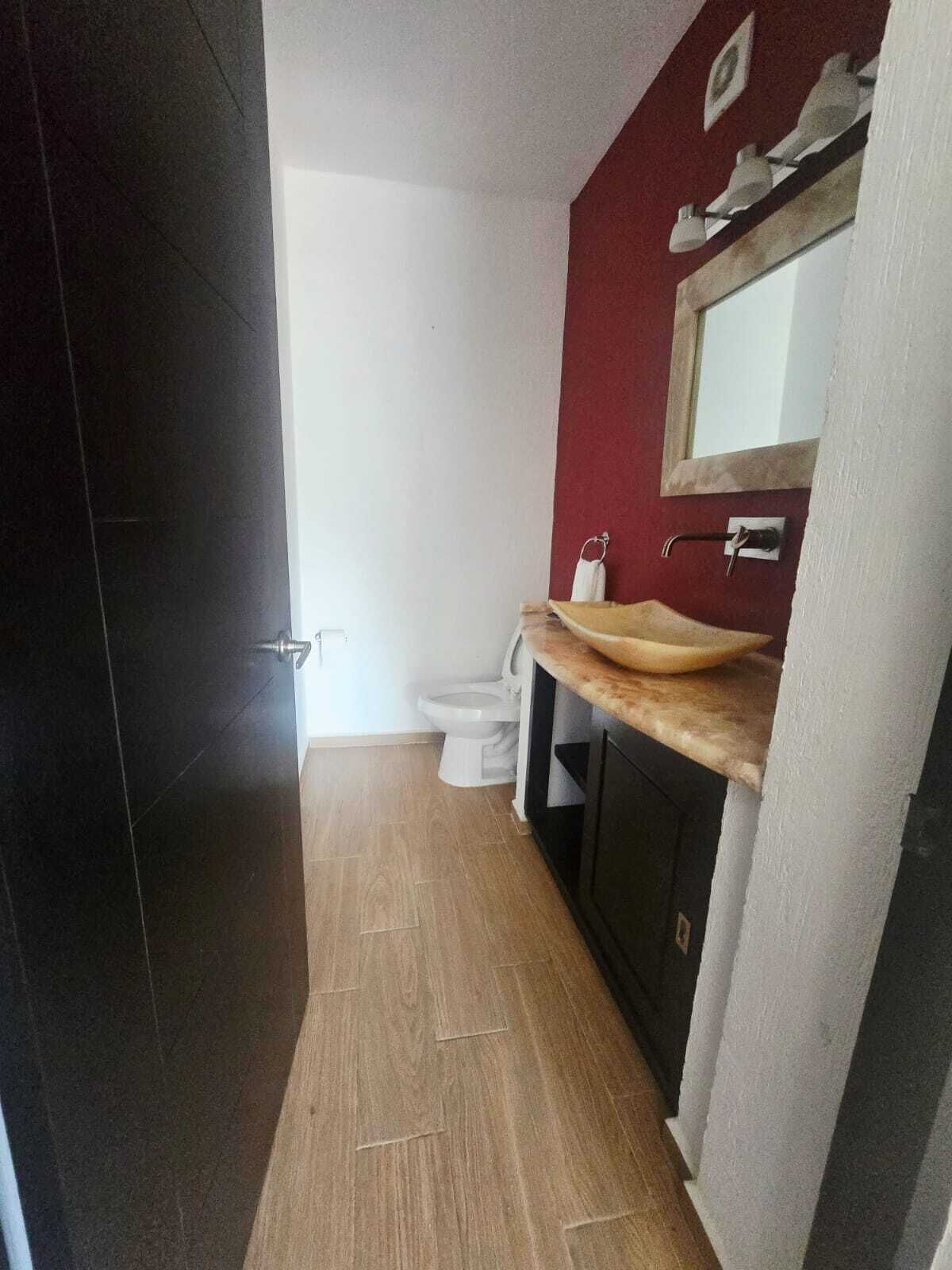A narrow hallway leading to a bathroom with a toilet, a sink, and a mirror.