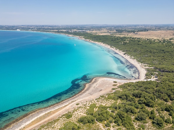 An aerial view of a coastal area with clear turquoise waters, a sandy beach, and dense green vegetation. - Ottava Dimora Del Pizzo - Gallipoli (Gallipoli)