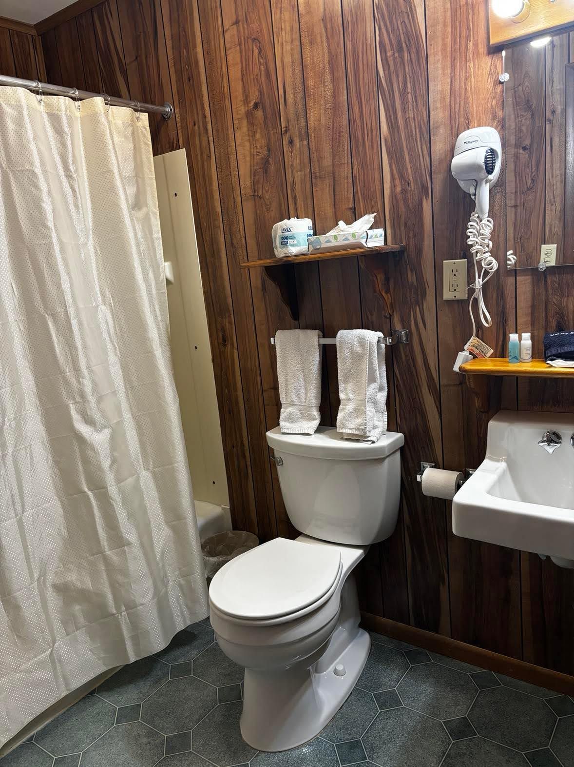 Un baño con pared de madera, inodoro, cortina de ducha, repisa con artículos de aseo y un secador de pelo.