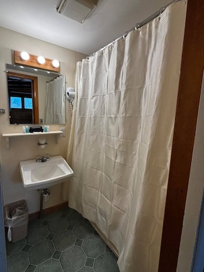 Un baño con cortina de ducha, lavamanos, espejo y ventana con vistas.