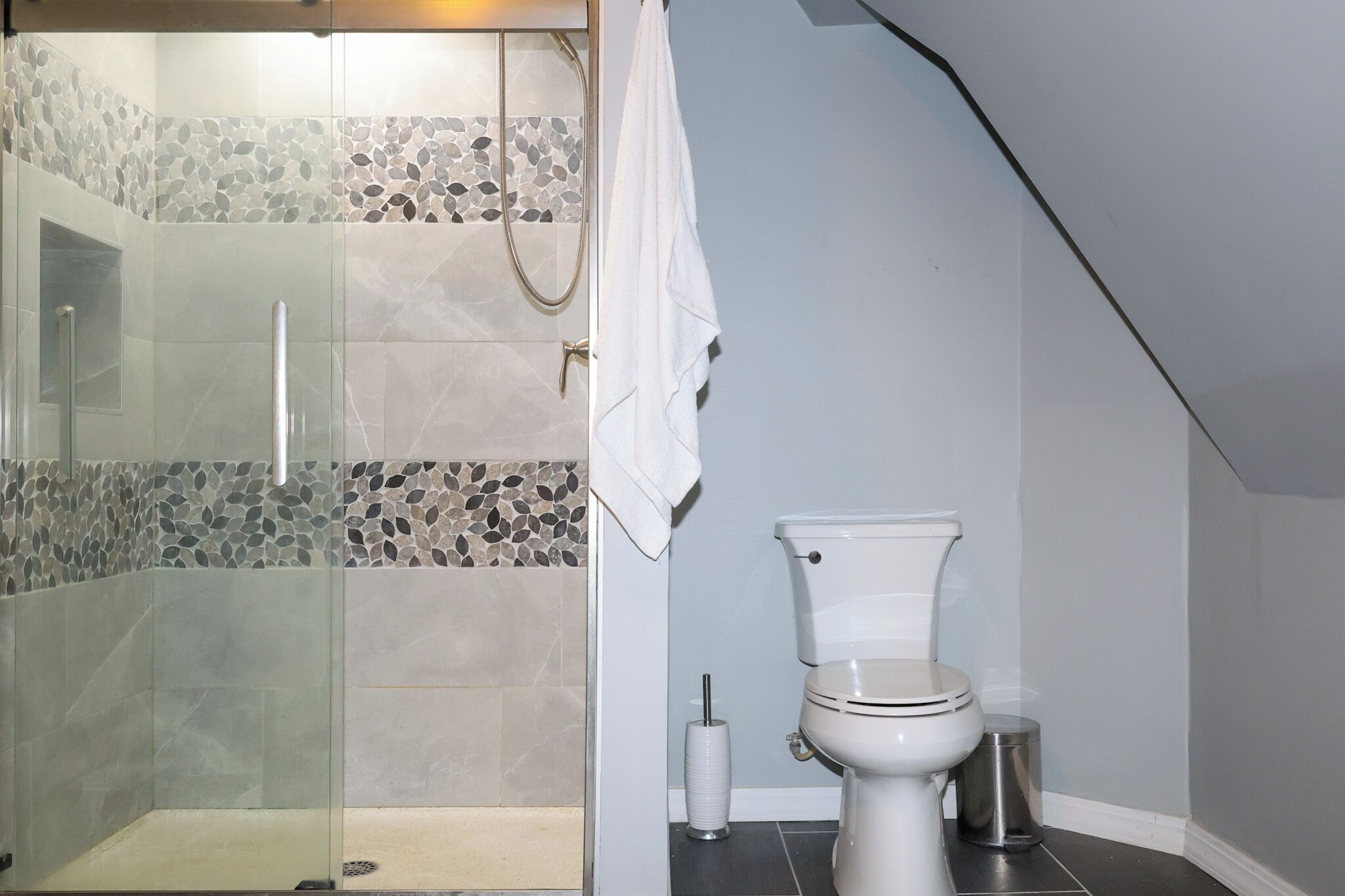 Une salle de bain avec une douche à parois de verre, des toilettes et une poubelle.