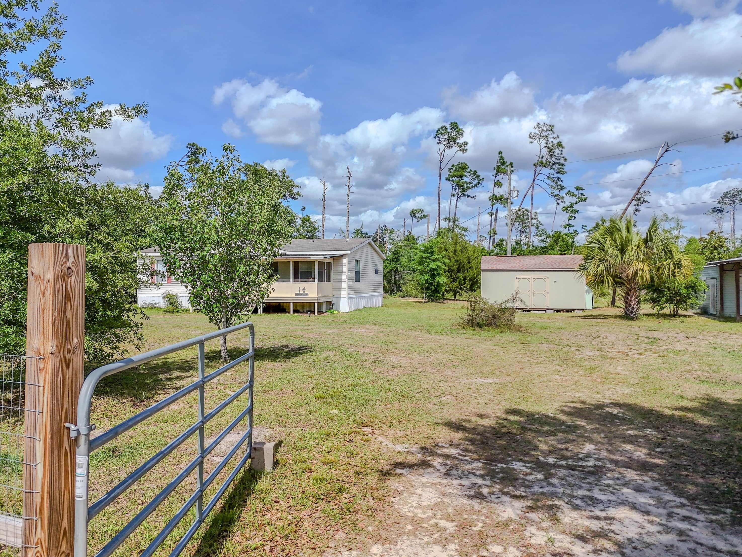 A fenced property with a house, a small shed, and a palm tree.