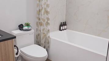 Hair dryer, towels, soap, toilet paper