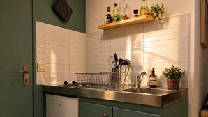 Una cocina con un lavamanos, escurreplatos, una planta en maceta y un estante con utensilios de cocina.