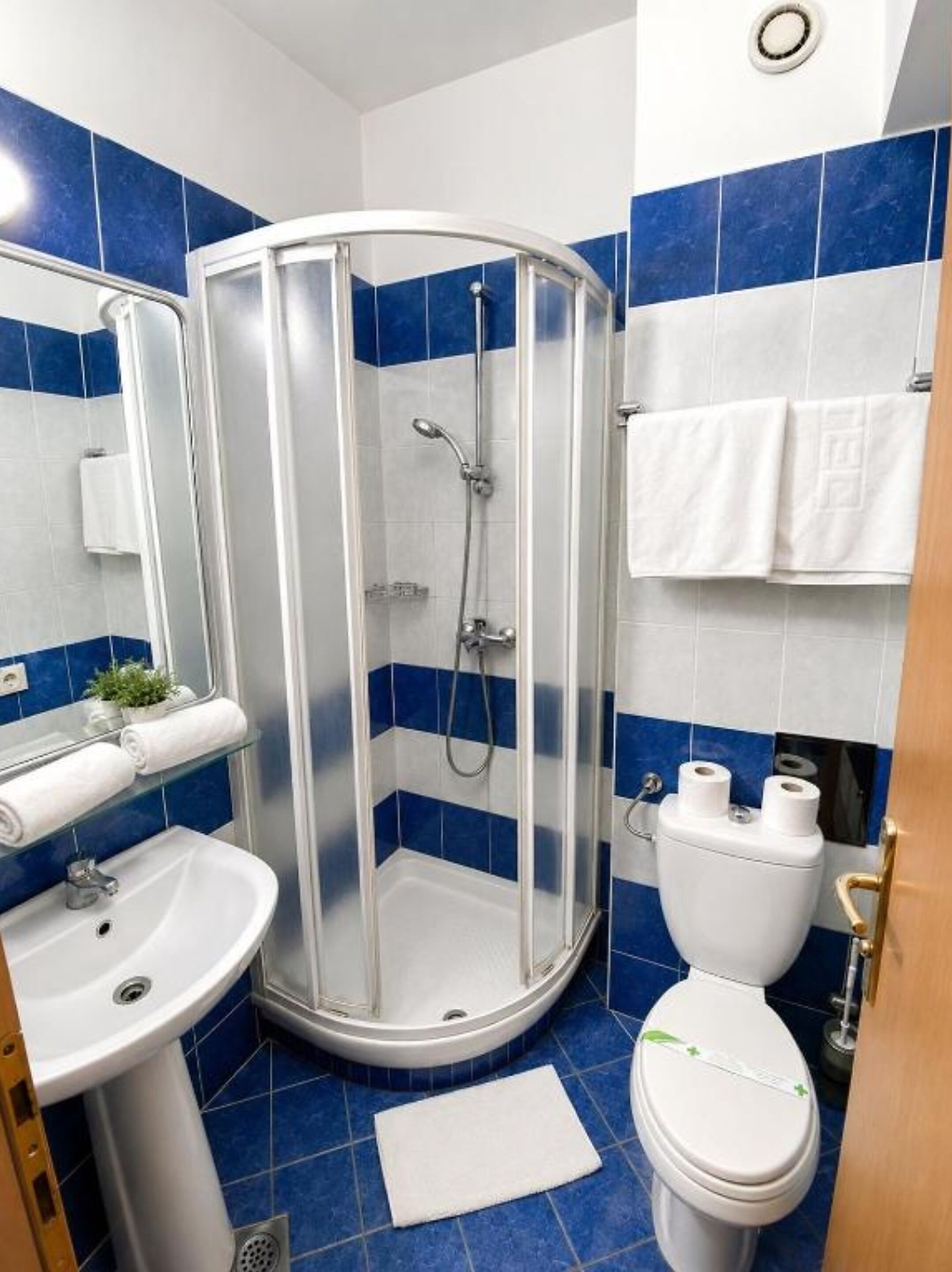 Shower, towels, soap, shampoo